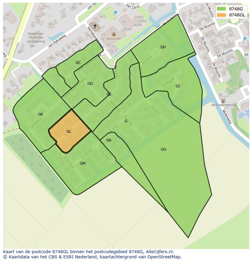 Afbeelding van het postcodegebied 8748 GL op de kaart.