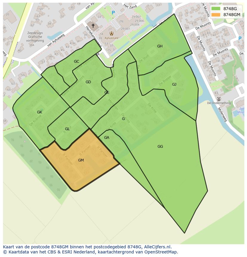 Afbeelding van het postcodegebied 8748 GM op de kaart.