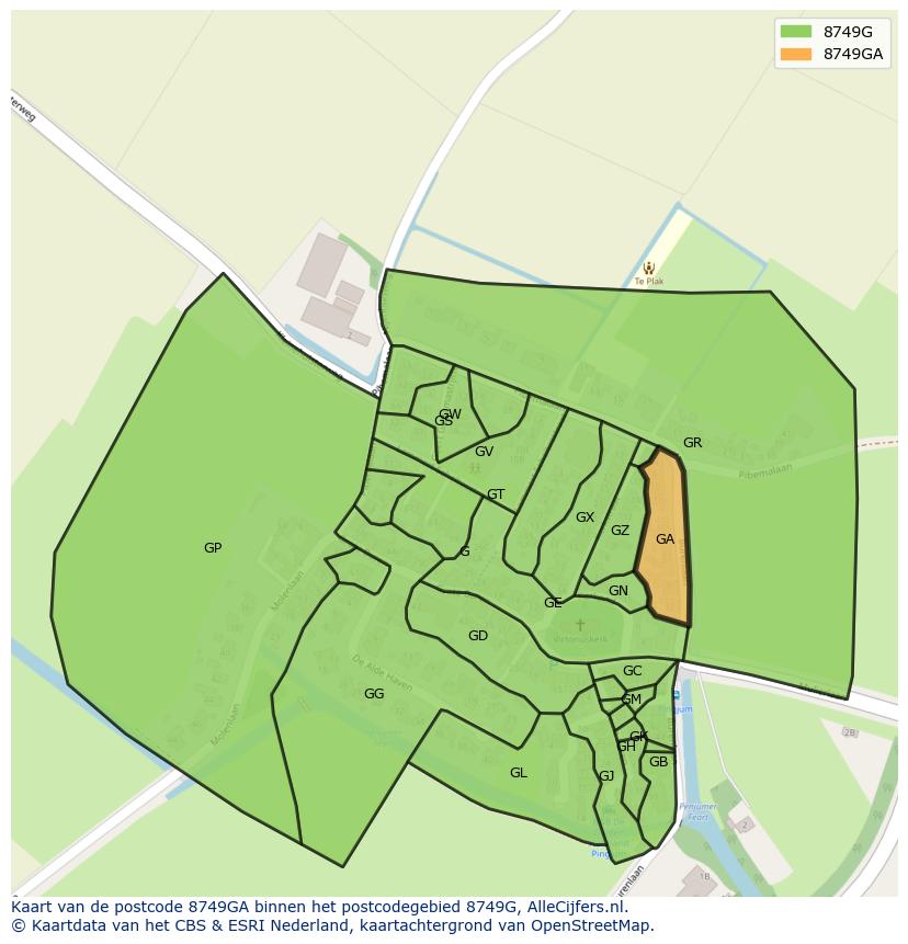 Afbeelding van het postcodegebied 8749 GA op de kaart.