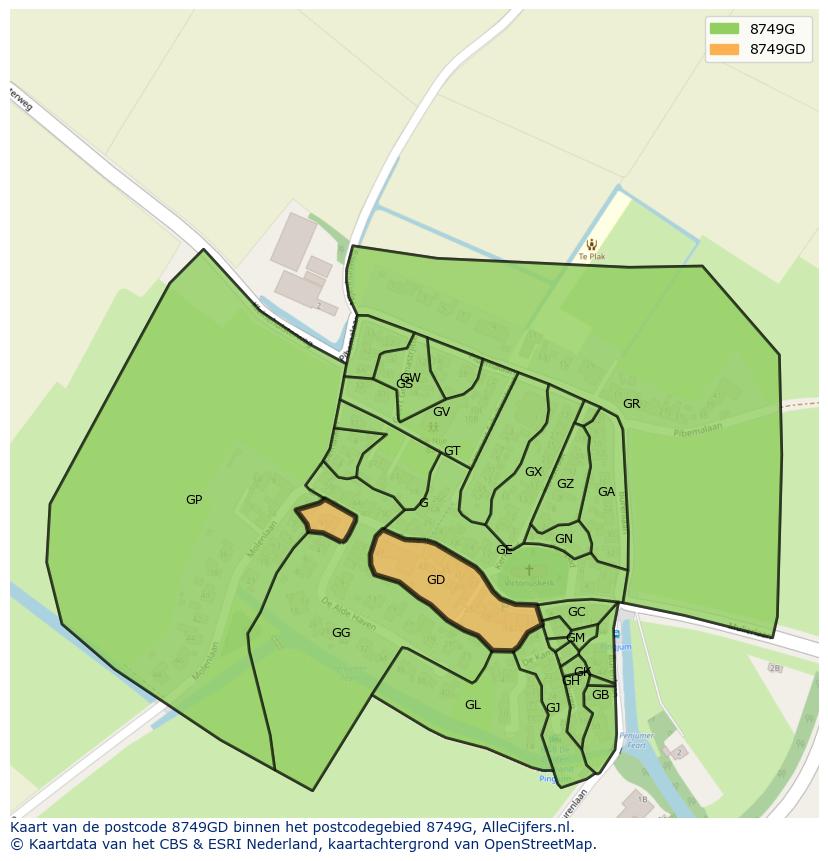 Afbeelding van het postcodegebied 8749 GD op de kaart.