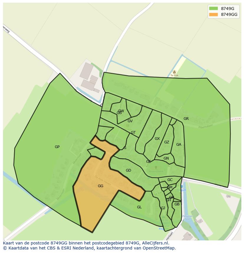 Afbeelding van het postcodegebied 8749 GG op de kaart.