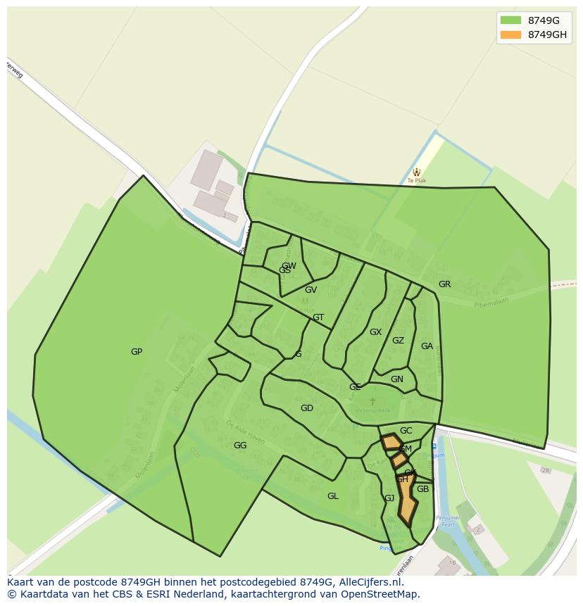 Afbeelding van het postcodegebied 8749 GH op de kaart.