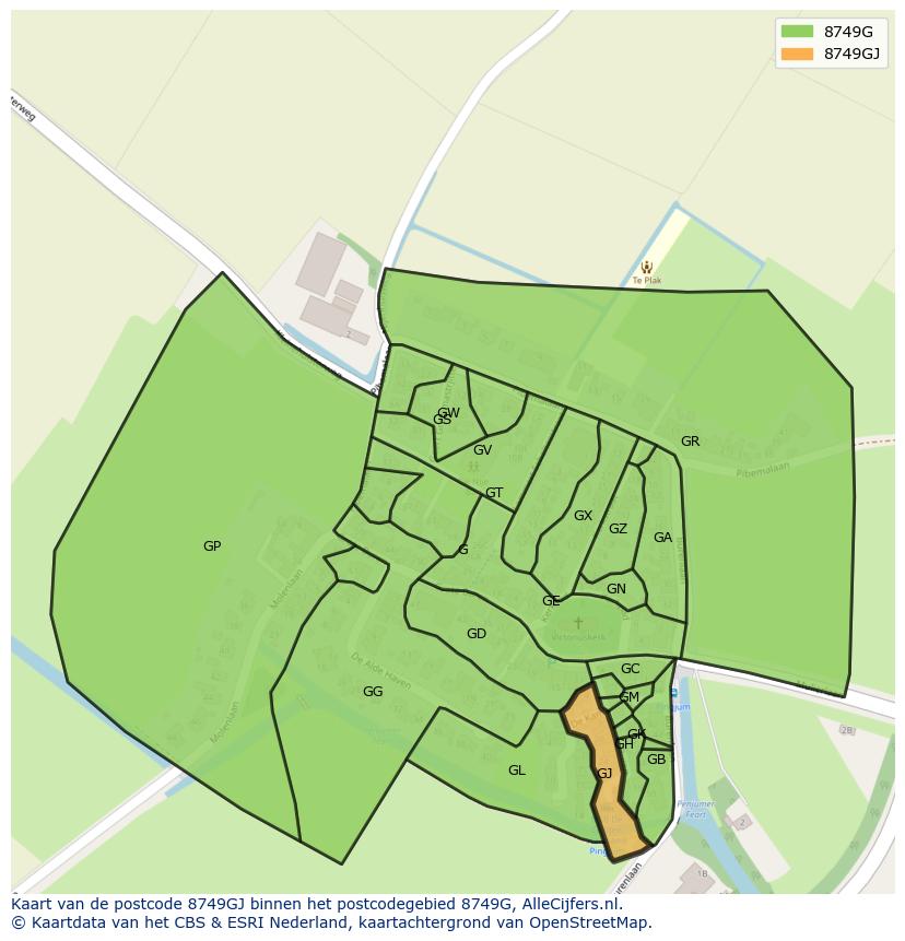Afbeelding van het postcodegebied 8749 GJ op de kaart.