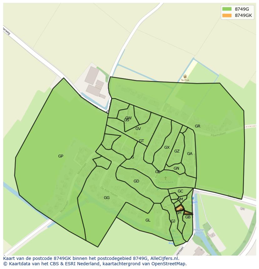 Afbeelding van het postcodegebied 8749 GK op de kaart.