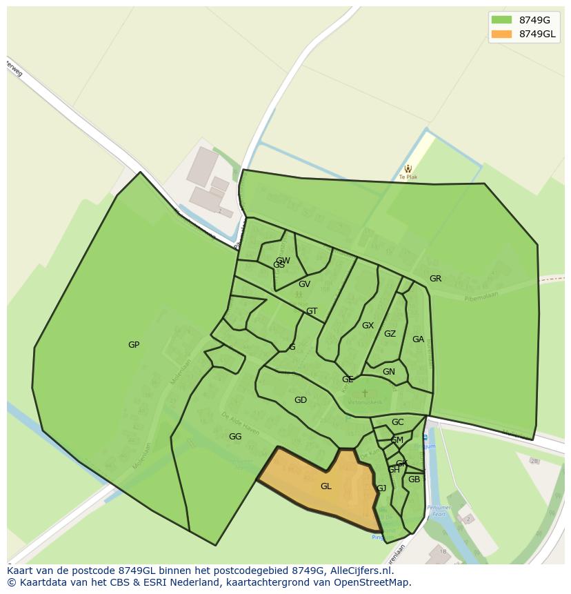 Afbeelding van het postcodegebied 8749 GL op de kaart.