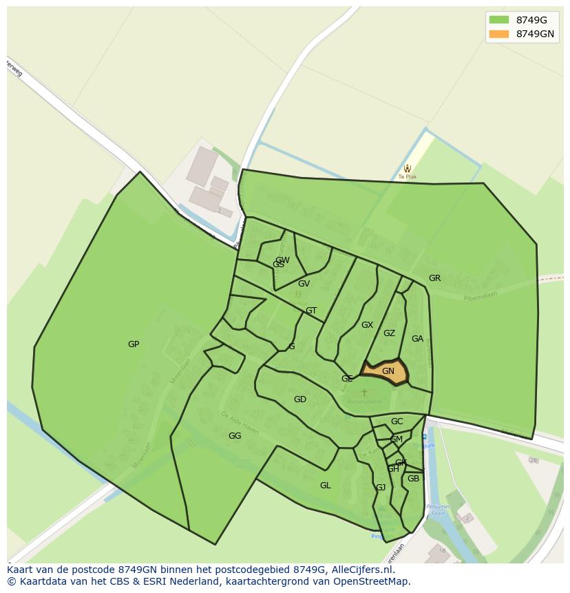 Afbeelding van het postcodegebied 8749 GN op de kaart.