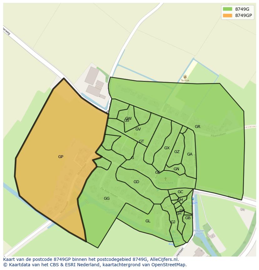 Afbeelding van het postcodegebied 8749 GP op de kaart.