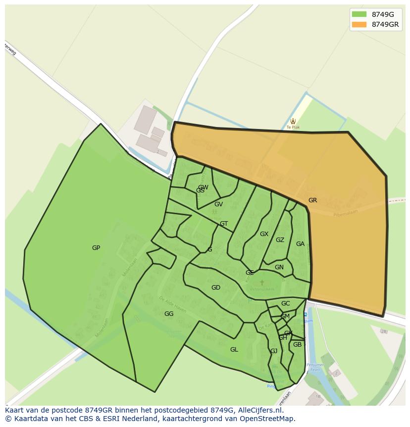 Afbeelding van het postcodegebied 8749 GR op de kaart.