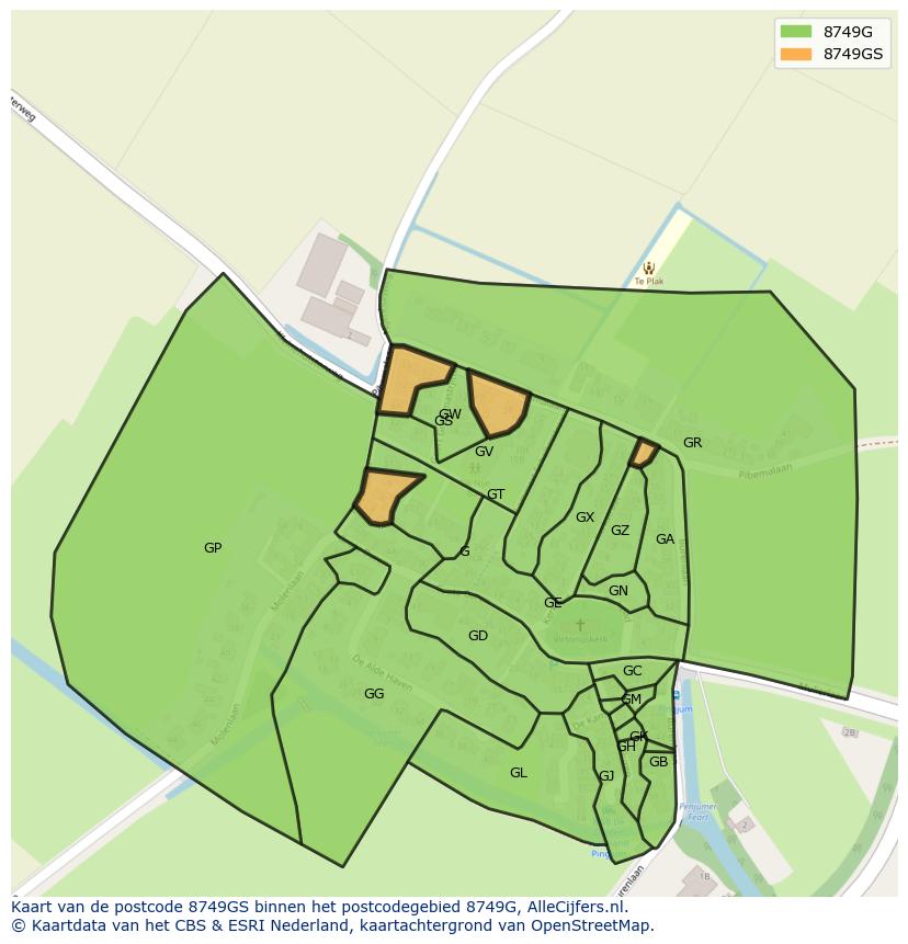 Afbeelding van het postcodegebied 8749 GS op de kaart.