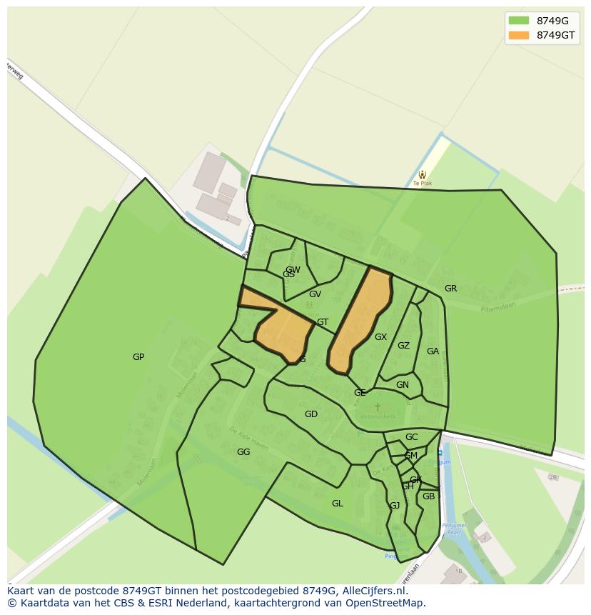 Afbeelding van het postcodegebied 8749 GT op de kaart.