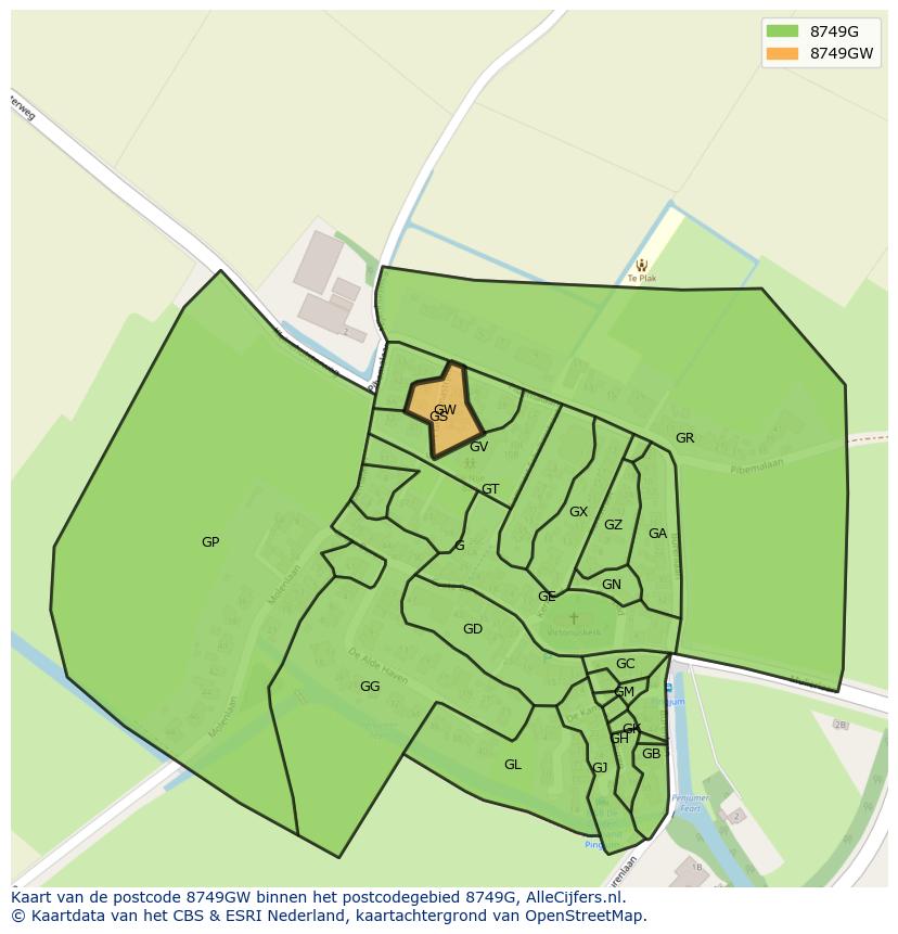 Afbeelding van het postcodegebied 8749 GW op de kaart.
