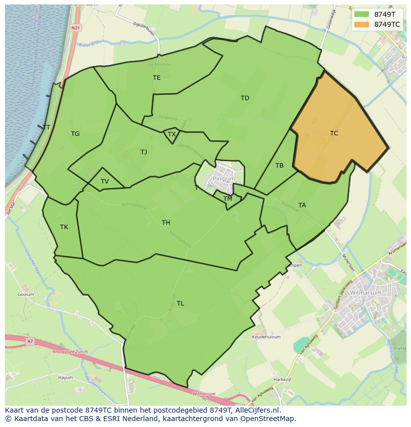 Afbeelding van het postcodegebied 8749 TC op de kaart.