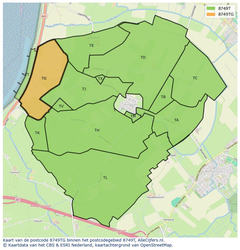 Afbeelding van het postcodegebied 8749 TG op de kaart.