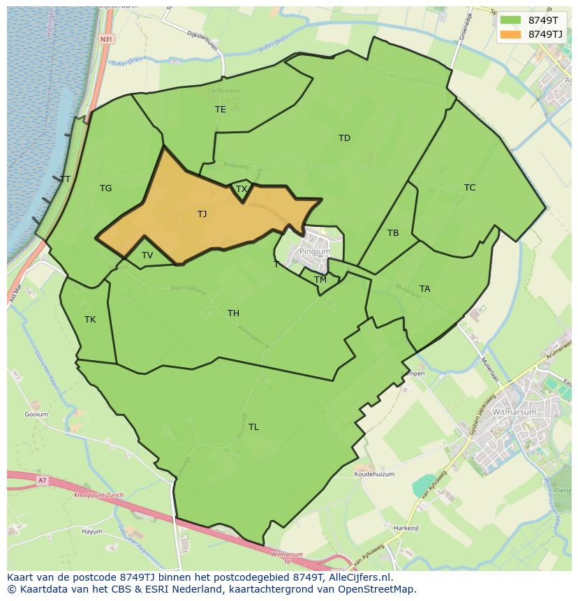 Afbeelding van het postcodegebied 8749 TJ op de kaart.