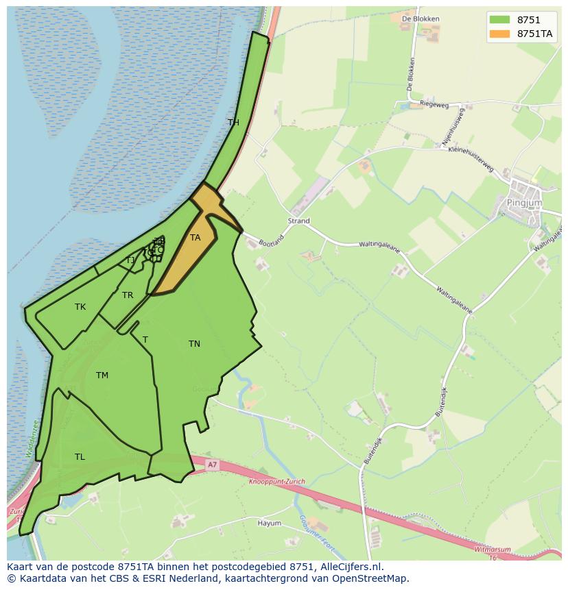 Afbeelding van het postcodegebied 8751 TA op de kaart.