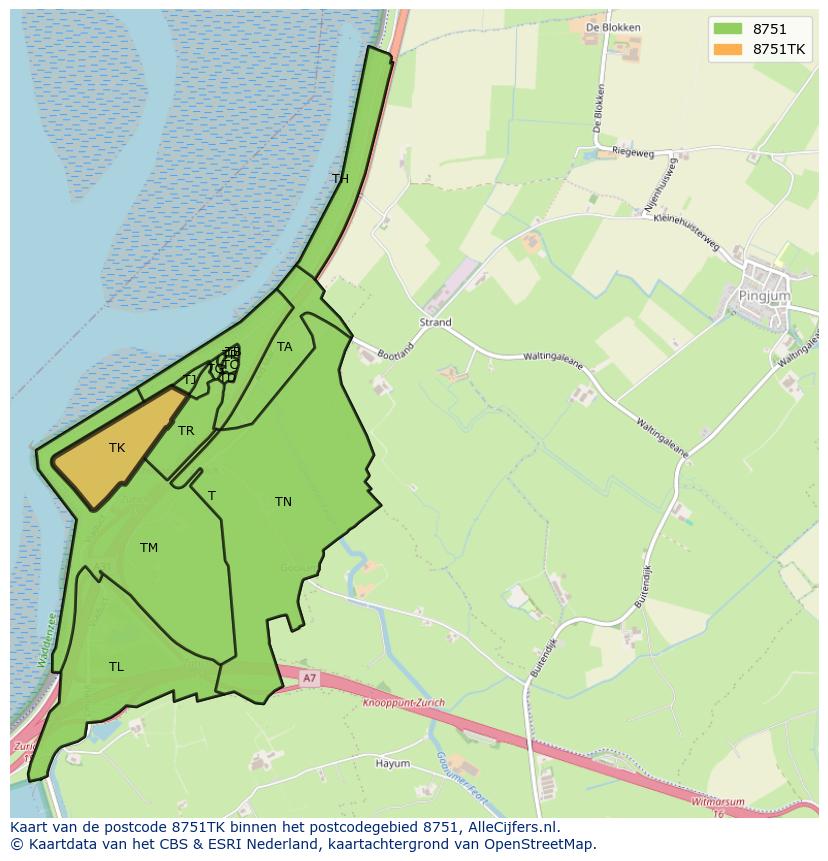 Afbeelding van het postcodegebied 8751 TK op de kaart.