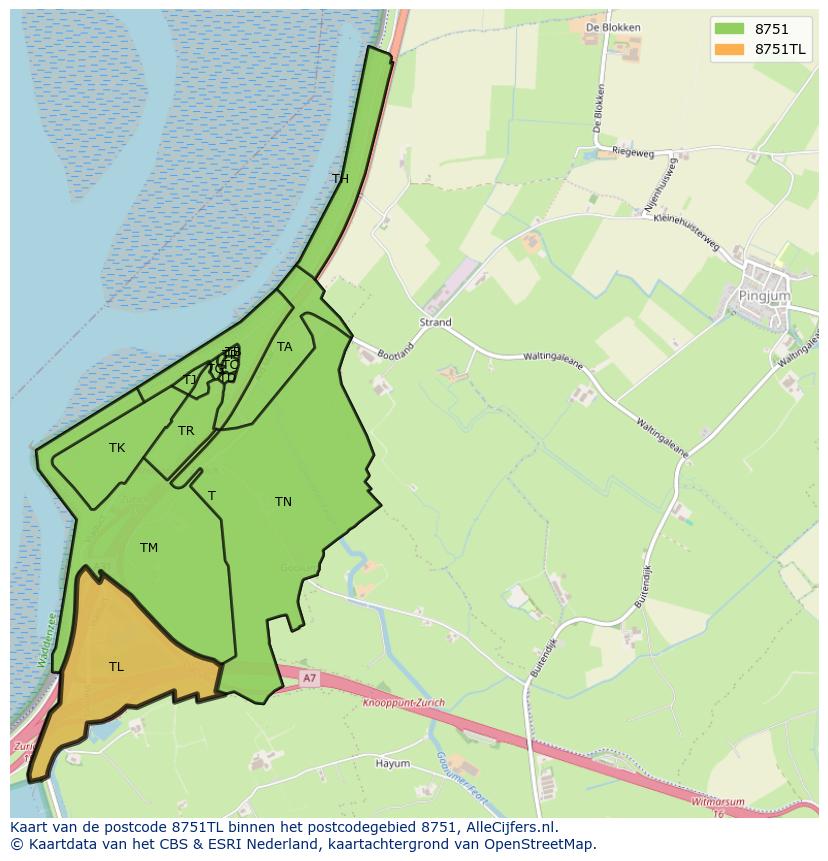 Afbeelding van het postcodegebied 8751 TL op de kaart.