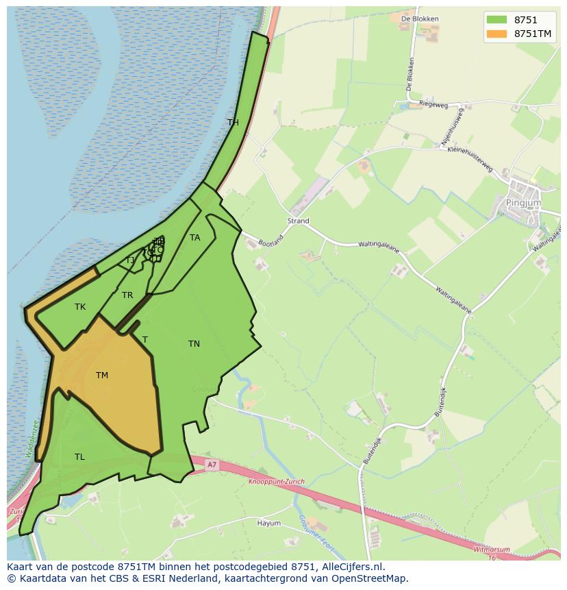 Afbeelding van het postcodegebied 8751 TM op de kaart.