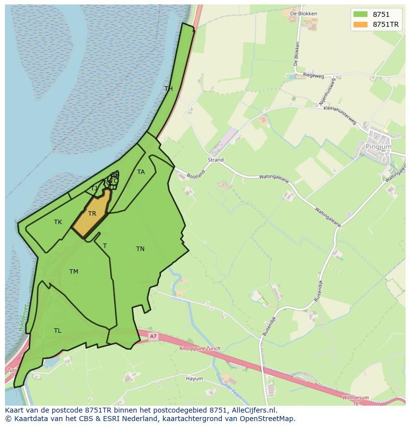 Afbeelding van het postcodegebied 8751 TR op de kaart.