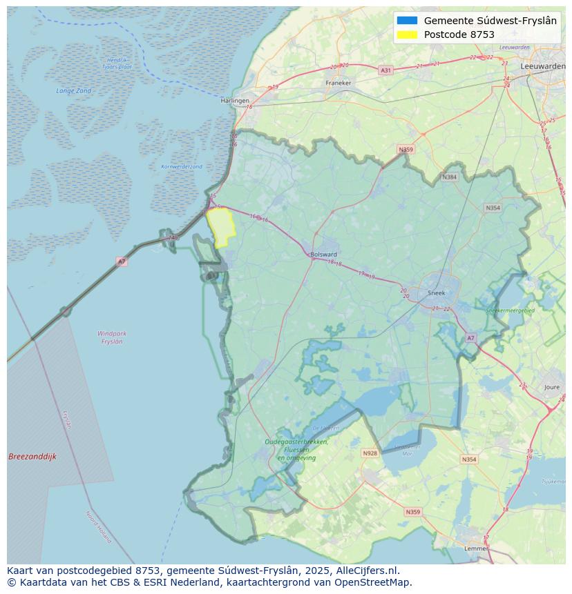 Afbeelding van het postcodegebied 8753 op de kaart.