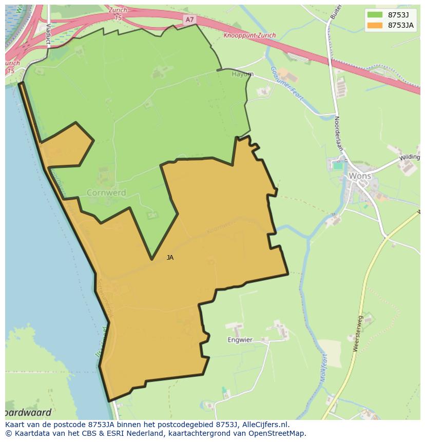 Afbeelding van het postcodegebied 8753 JA op de kaart.