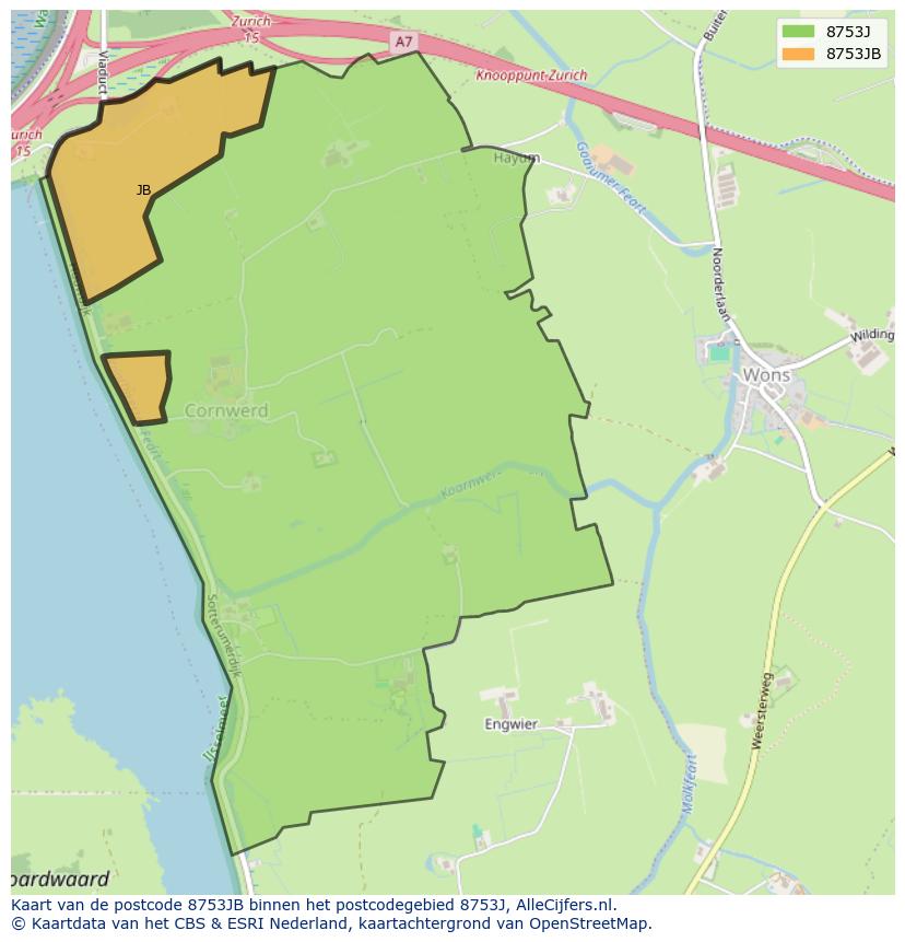 Afbeelding van het postcodegebied 8753 JB op de kaart.