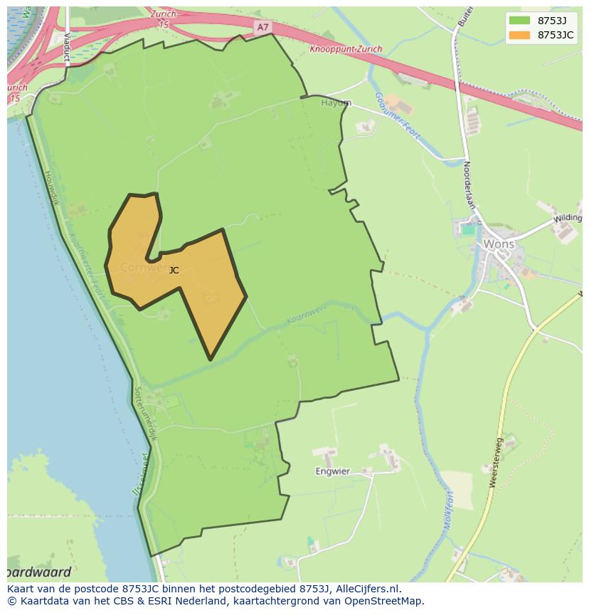 Afbeelding van het postcodegebied 8753 JC op de kaart.