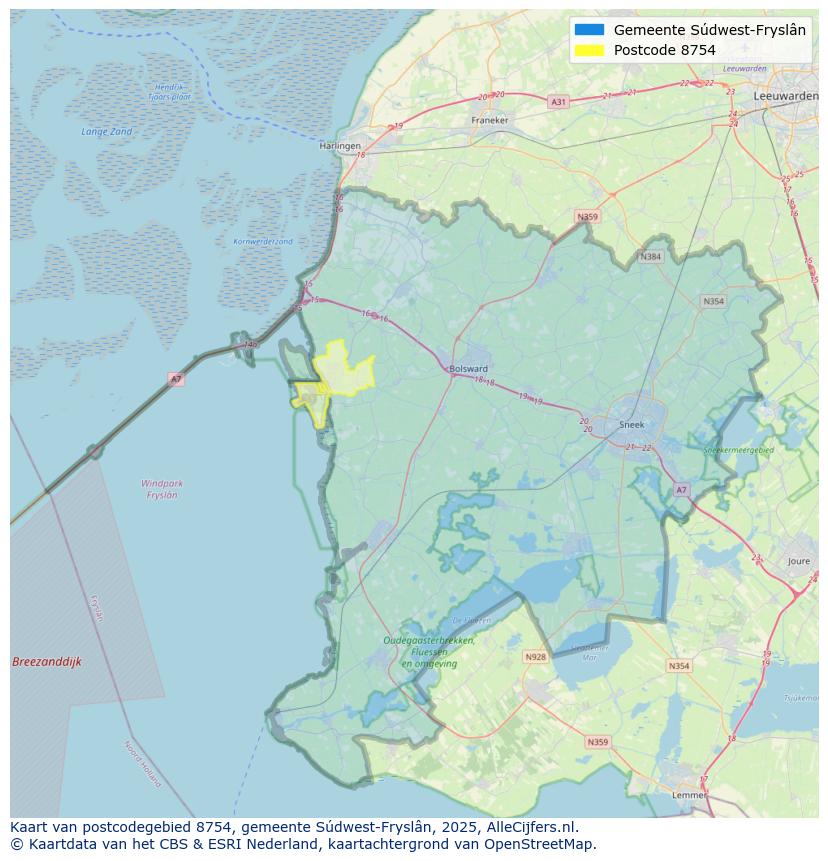 Afbeelding van het postcodegebied 8754 op de kaart.