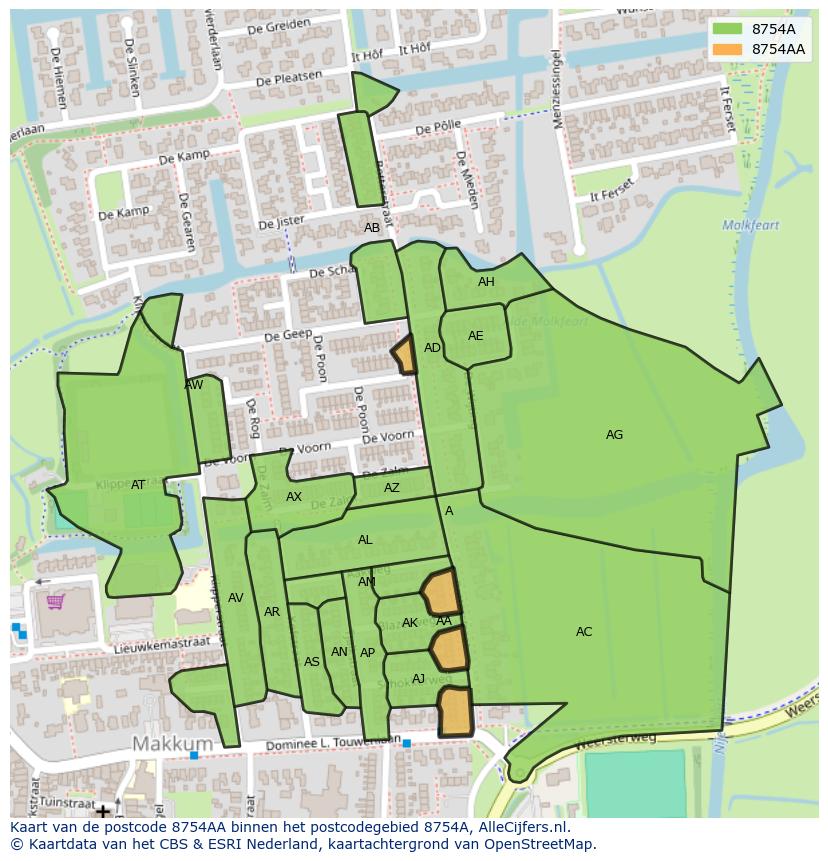 Afbeelding van het postcodegebied 8754 AA op de kaart.