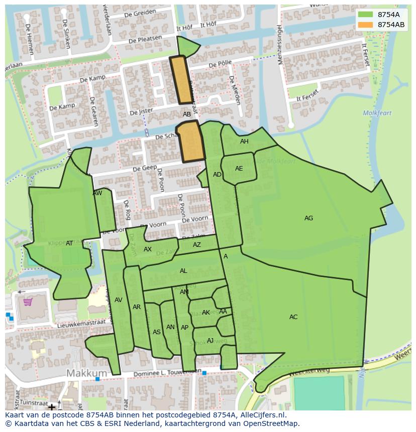 Afbeelding van het postcodegebied 8754 AB op de kaart.