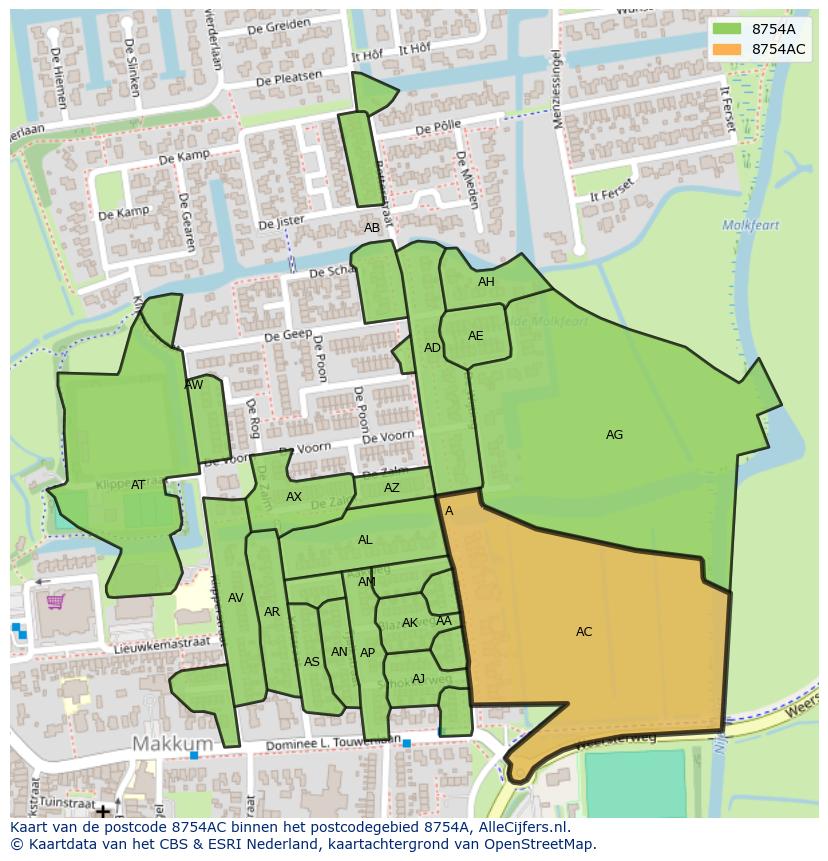 Afbeelding van het postcodegebied 8754 AC op de kaart.