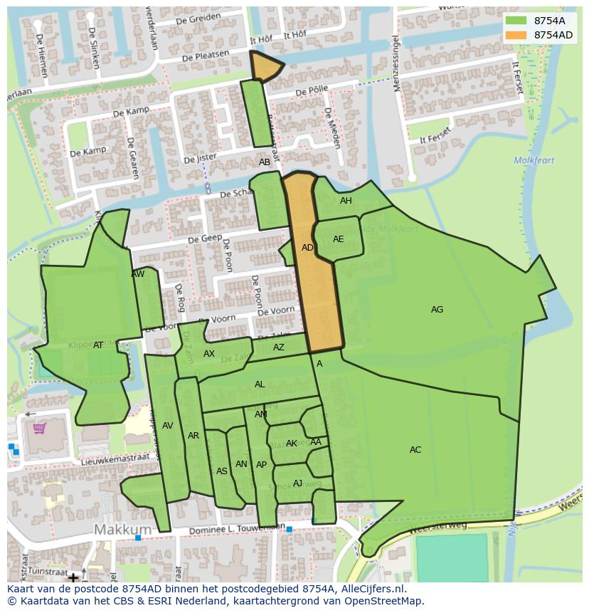 Afbeelding van het postcodegebied 8754 AD op de kaart.