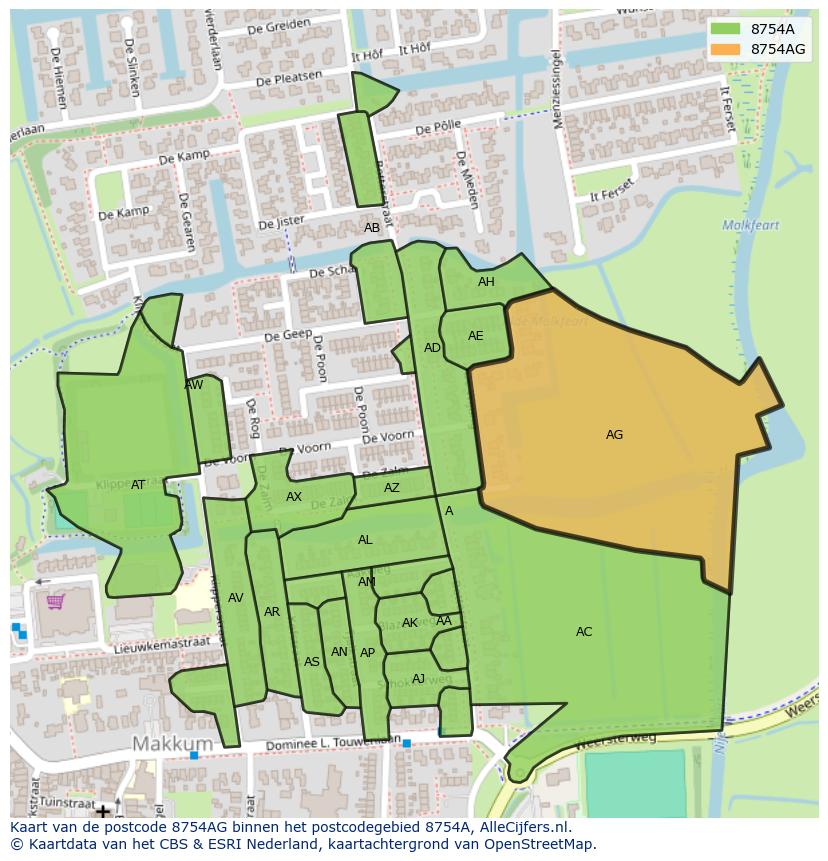 Afbeelding van het postcodegebied 8754 AG op de kaart.