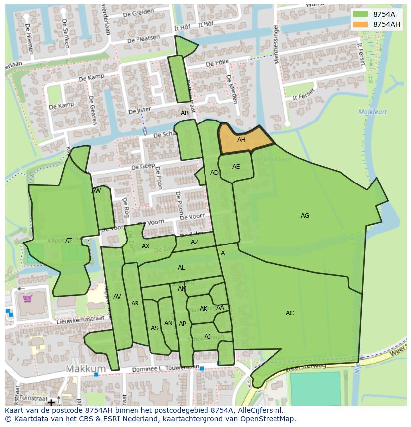 Afbeelding van het postcodegebied 8754 AH op de kaart.