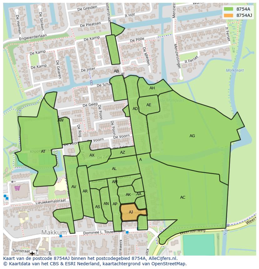 Afbeelding van het postcodegebied 8754 AJ op de kaart.