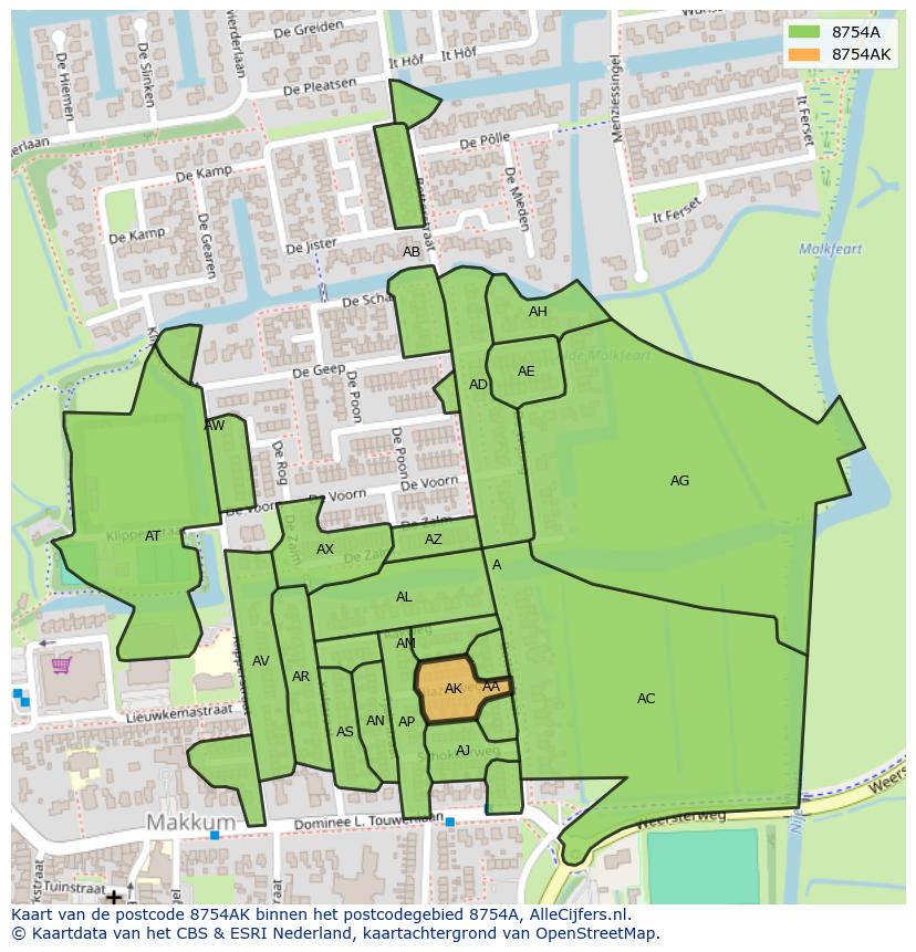 Afbeelding van het postcodegebied 8754 AK op de kaart.