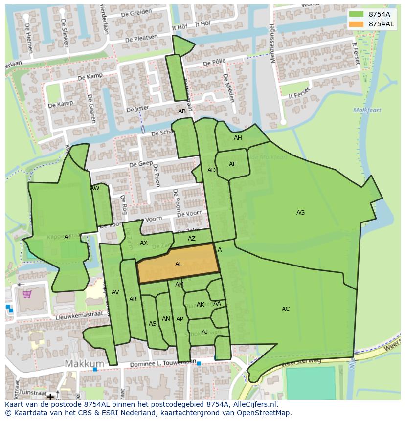 Afbeelding van het postcodegebied 8754 AL op de kaart.