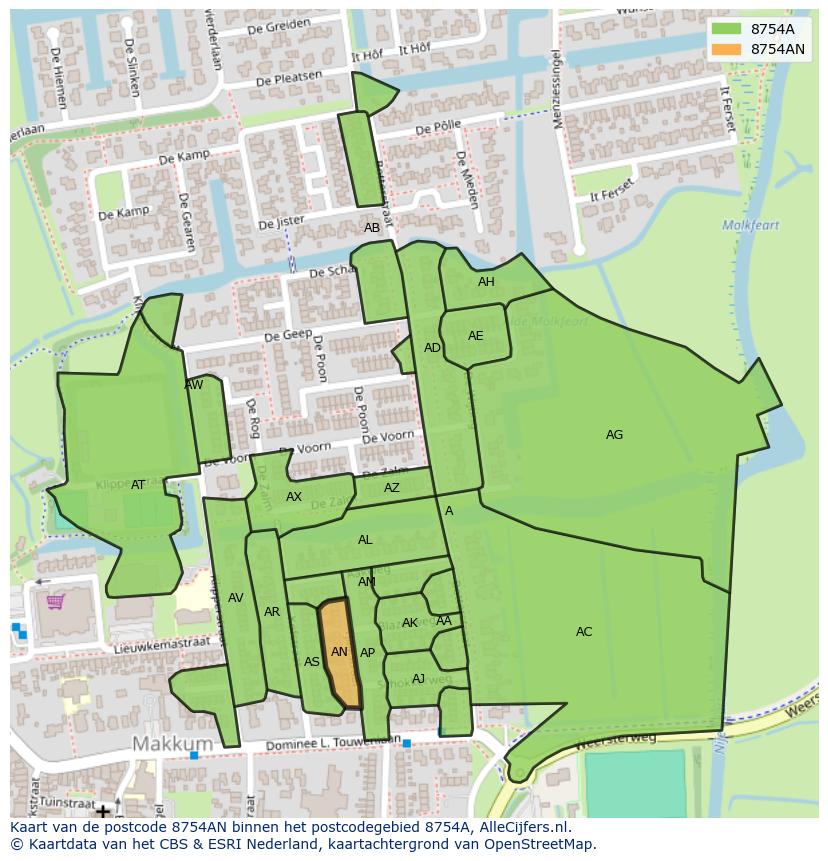 Afbeelding van het postcodegebied 8754 AN op de kaart.