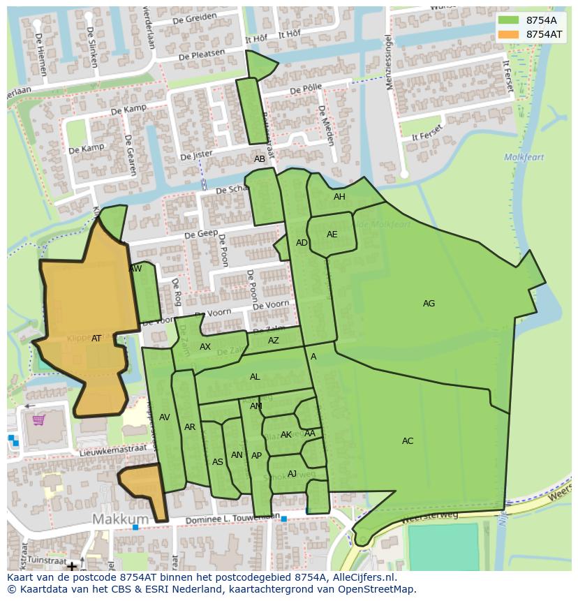 Afbeelding van het postcodegebied 8754 AT op de kaart.