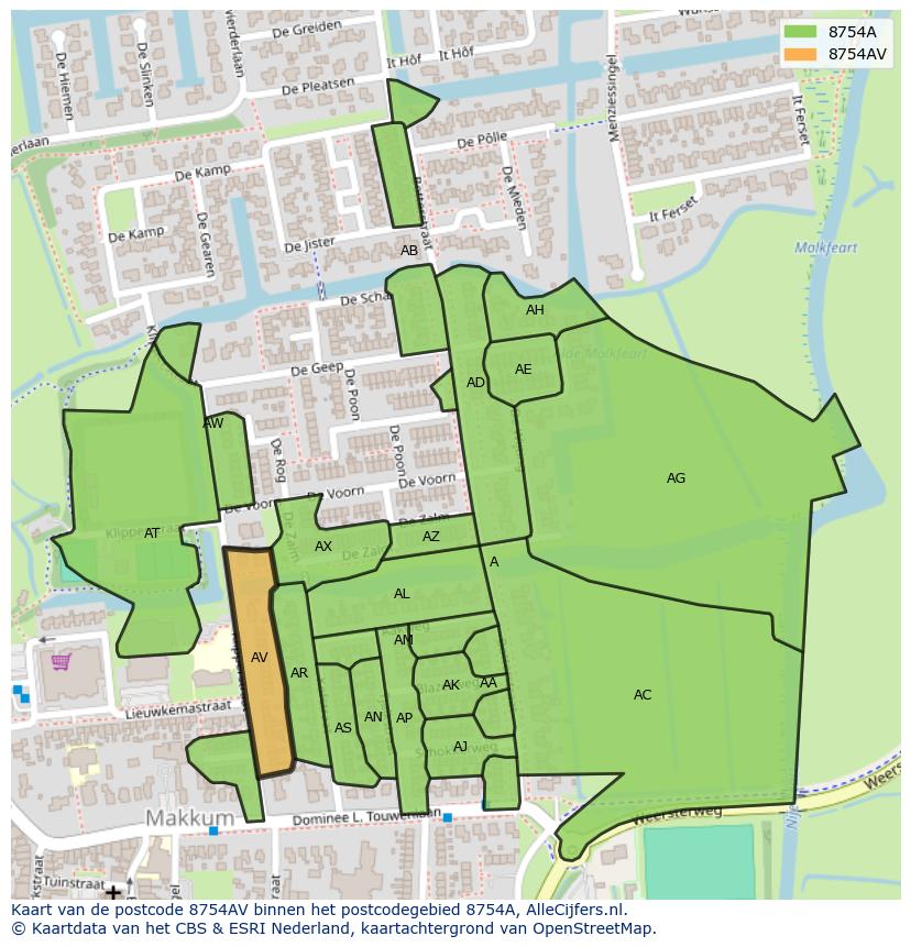 Afbeelding van het postcodegebied 8754 AV op de kaart.
