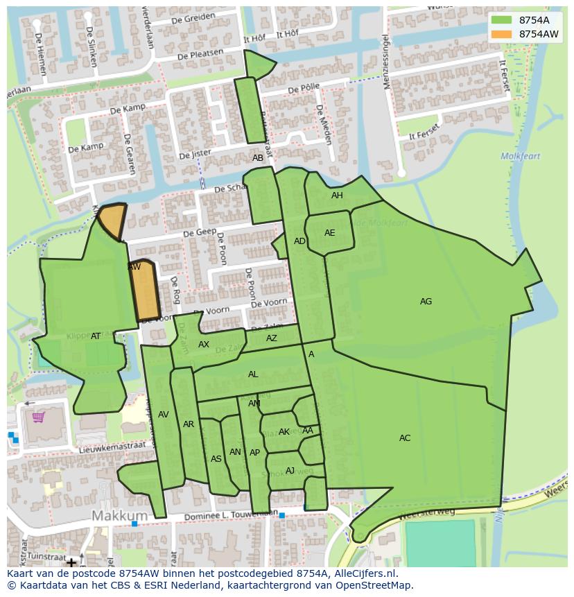 Afbeelding van het postcodegebied 8754 AW op de kaart.