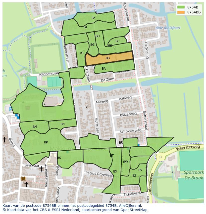 Afbeelding van het postcodegebied 8754 BB op de kaart.