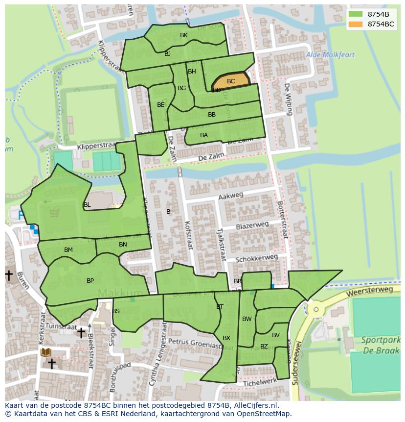 Afbeelding van het postcodegebied 8754 BC op de kaart.