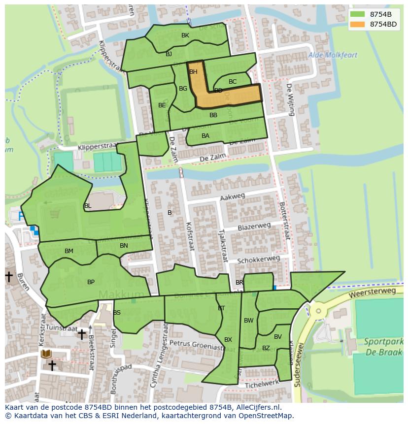 Afbeelding van het postcodegebied 8754 BD op de kaart.