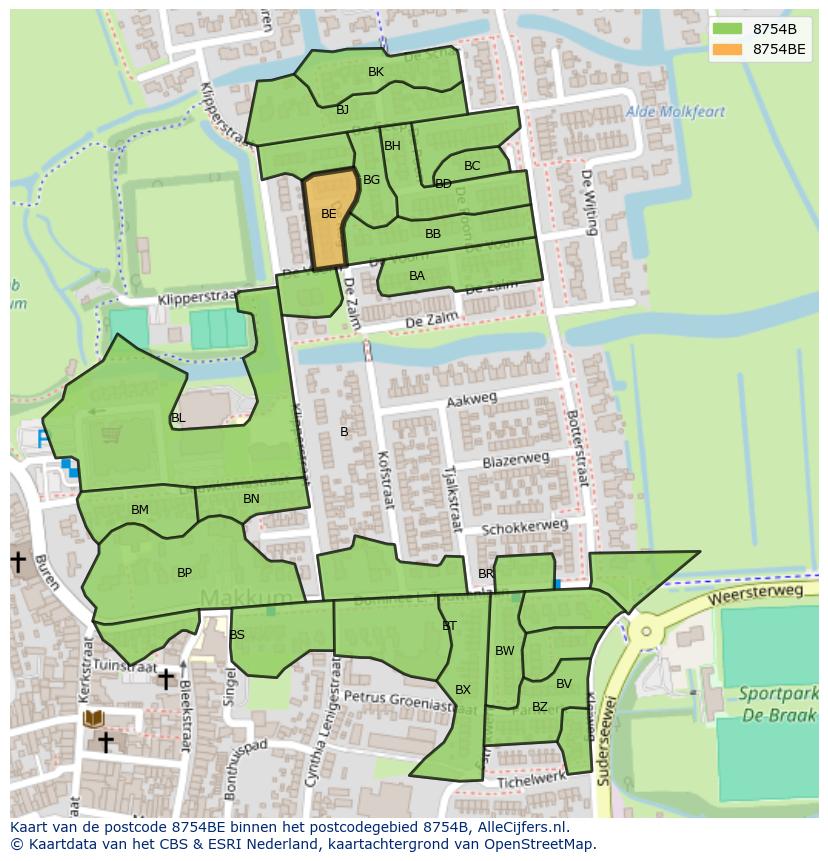 Afbeelding van het postcodegebied 8754 BE op de kaart.