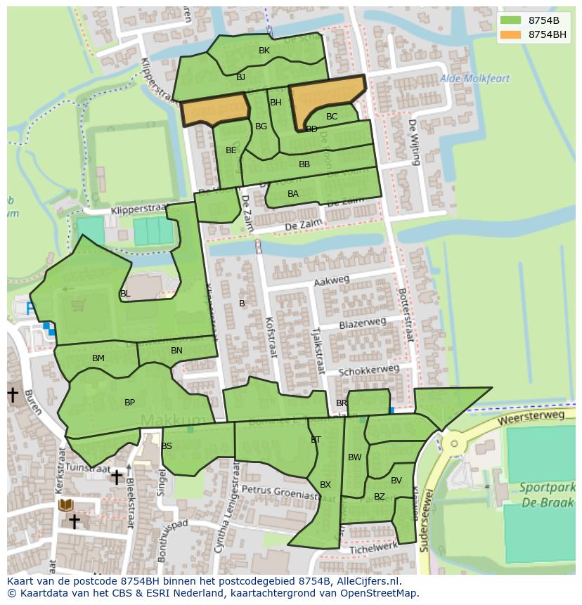 Afbeelding van het postcodegebied 8754 BH op de kaart.
