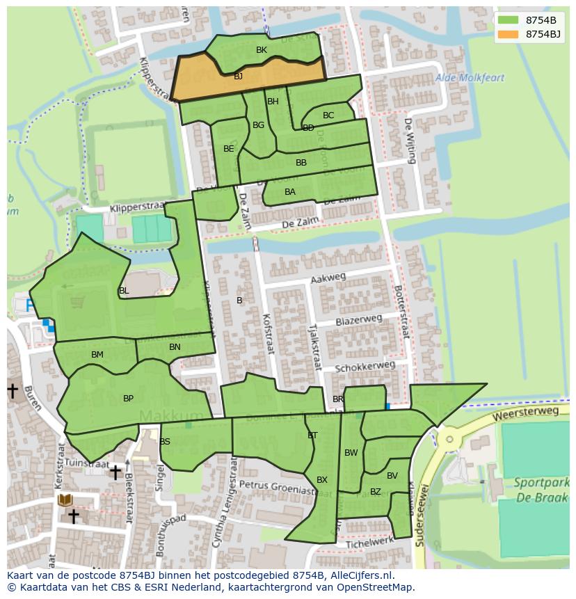 Afbeelding van het postcodegebied 8754 BJ op de kaart.