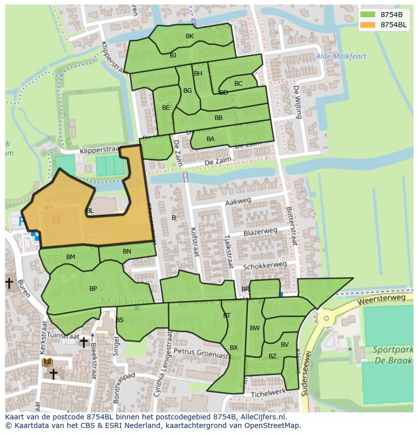 Afbeelding van het postcodegebied 8754 BL op de kaart.