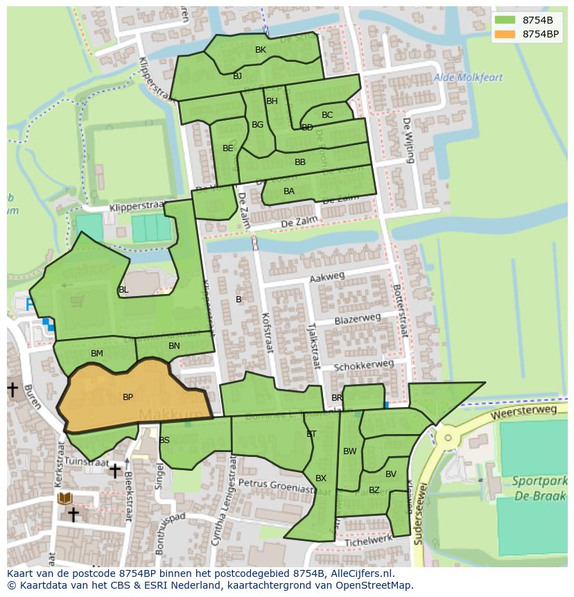 Afbeelding van het postcodegebied 8754 BP op de kaart.