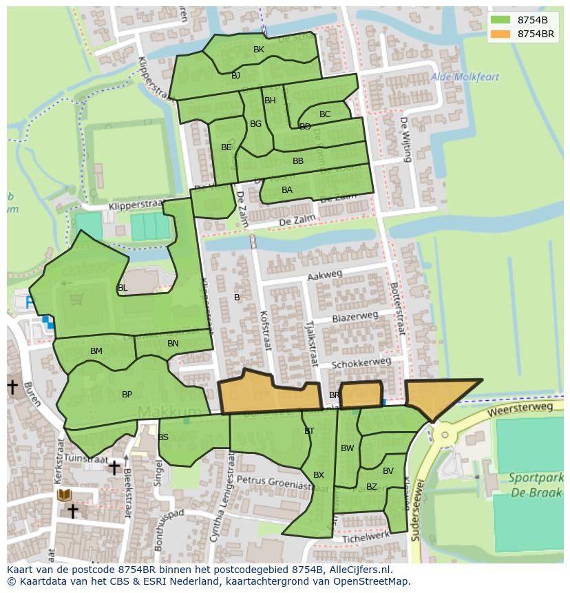 Afbeelding van het postcodegebied 8754 BR op de kaart.